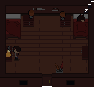 Pixel art of a dark bedroom. Two people are inside, one is lying down, the other is stood at a dresser. The dresser has the light of a lamp shining onto a book.